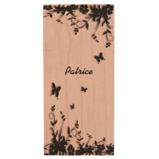 Pink Garden Butterfly Personal   Wood Flash Drive