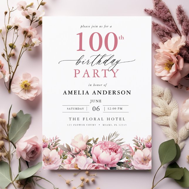 Pink Garden Floral Calligraphy 100th Birthday Invitation (Creator Uploaded)