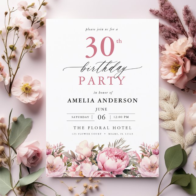 Pink Garden Floral Calligraphy 30th Birthday Invitation (Creator Uploaded)