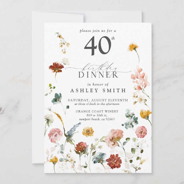 Pink Garden Floral Calligraphy 40th Birthday Invitation (Front)