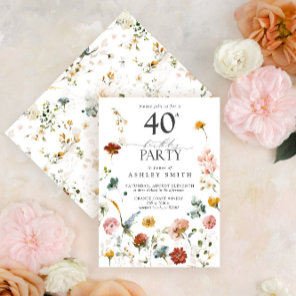 Pink Garden Floral Calligraphy 40th Birthday Invitation
