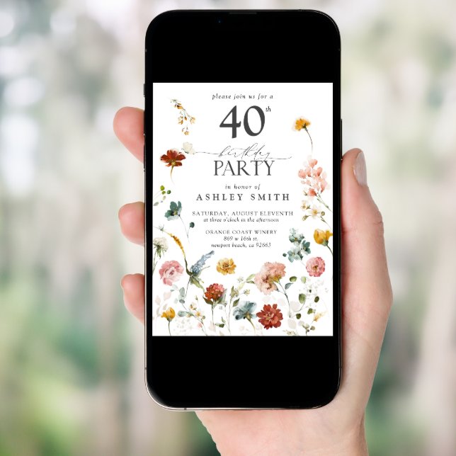 Pink Garden Floral Calligraphy 40th Birthday Invitation (Front Digital)