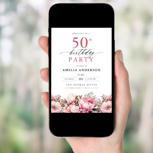 Pink Garden Floral Calligraphy 50th Birthday Invitation (Front Digital)
