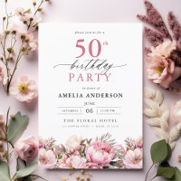 Pink Garden Floral Calligraphy 50th Birthday