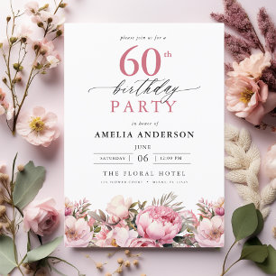 Pink Garden Floral Calligraphy 60th Birthday Invitation