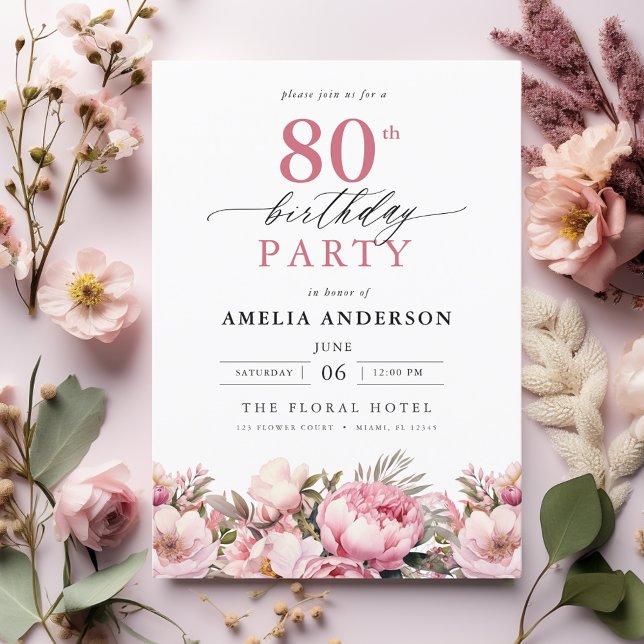 Pink Garden Floral Calligraphy 80th Birthday Invitation (Creator Uploaded)