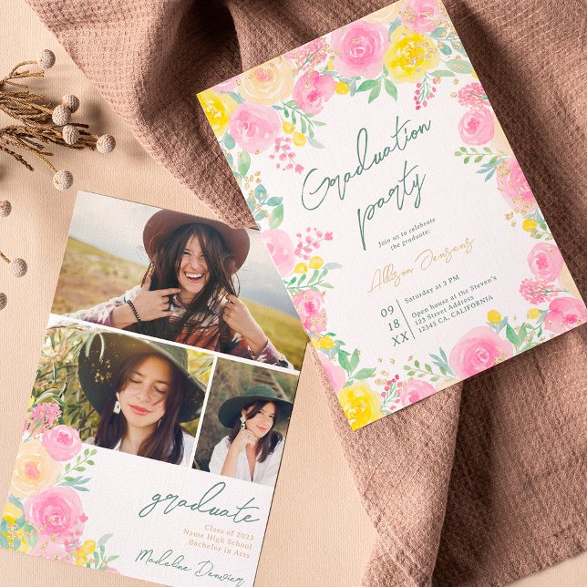 Pink garden floral watercolor photo graduation invitation (Creator Uploaded)