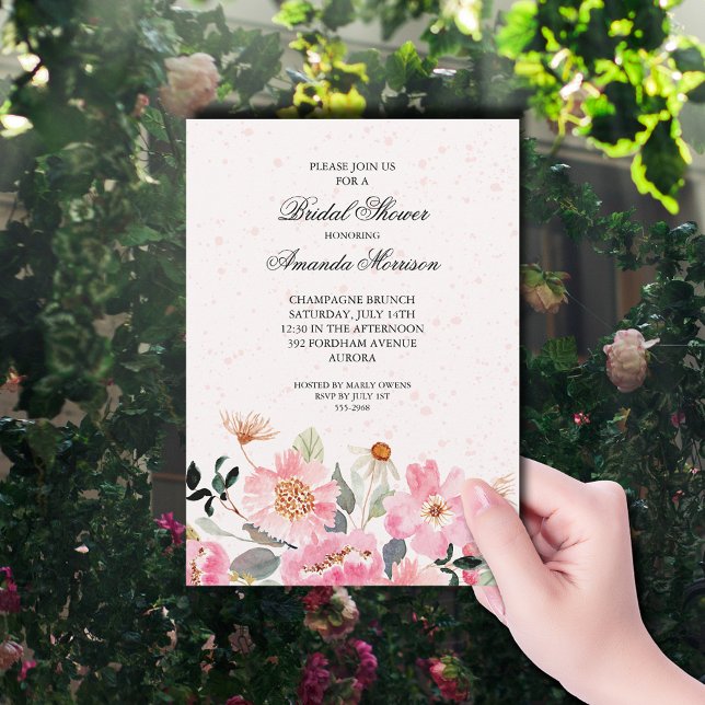 Pink Garden Flowers Bridal Shower Invitation (Watercolor pink garden flowers bridal shower invitations)