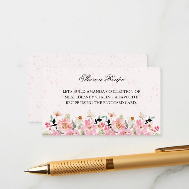 Pink Garden Flowers Bridal Shower Recipe Enclosure Card (Front/Back In Situ)