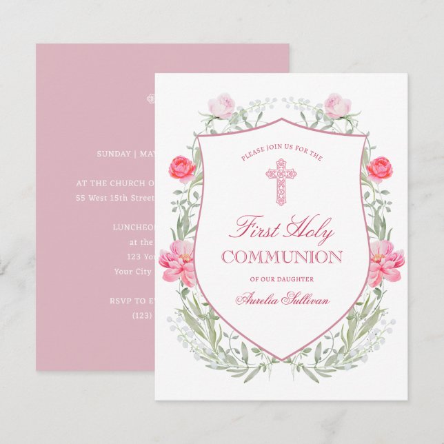 Pink Garden Flowers Crest First Communion Invitation (Front/Back)