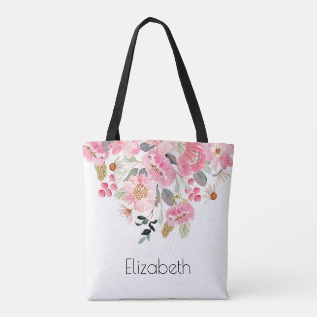 Pink Garden Flowers Floral Personalized Tote Bag (Back)