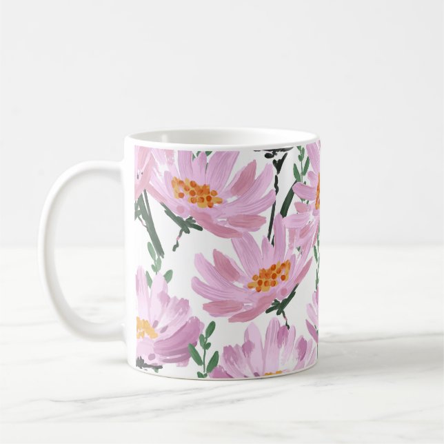Pink Garden Flowers: Hand-Drawn Seamless. Coffee Mug (Left)