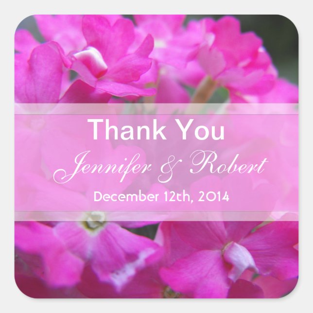 Pink garden flowers wedding favor thank you square sticker (Front)