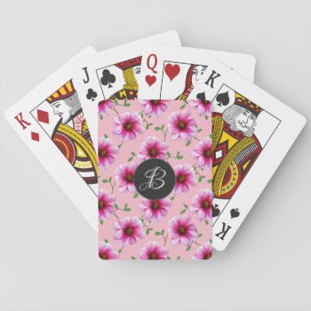 Pink Garden Flowers With Custom Monogram Playing Cards by KreaturFlora at Zazzle