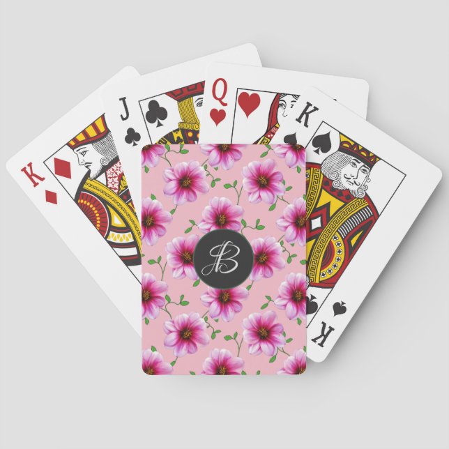 Pink Garden Flowers with Custom Monogram Poker Cards (Back)