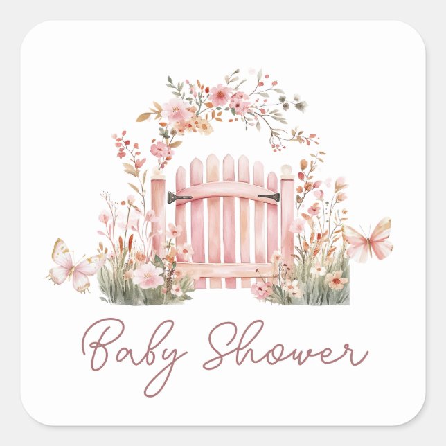 Pink Garden Girl Baby Shower Square Square Stick Sticker (Front)