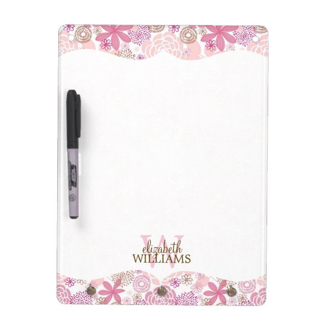 Pink Garden Pattern Monogram Dry-Erase Board (Front)