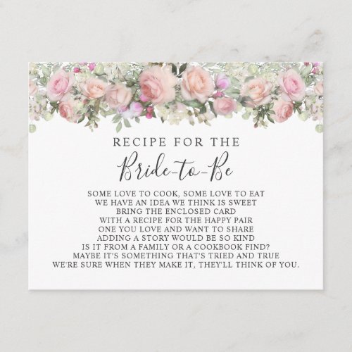 Pink Garden Rose Floral Bridal Shower Recipe Card