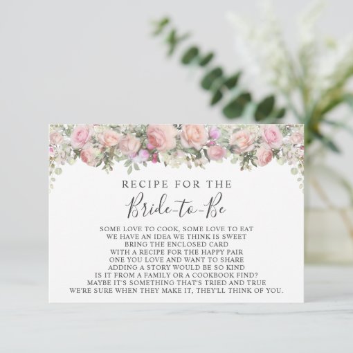 Pink Garden Rose Floral Bridal Shower Recipe Card | Zazzle