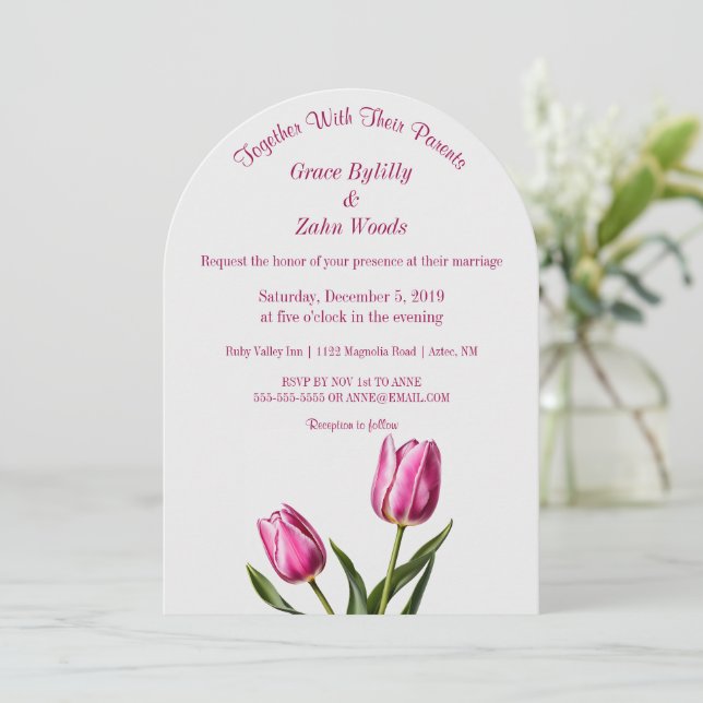 Pink Garden Tulip Wedding Invitation (Standing Front)