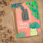 Pink Garden Wall Exotic Palm Tree HAPPY BIRTHDAY Postcard<br><div class="desc">Pretty pink walls and bright colorful plants,  hand drawn by me for you! Take a look at my shop for more!</div>