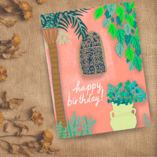 Pink Garden Wall Exotic Palm Tree HAPPY BIRTHDAY Postcard