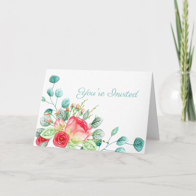 Pink Garden Watercolor Rose Bouquet Bridal Shower Card (Front)