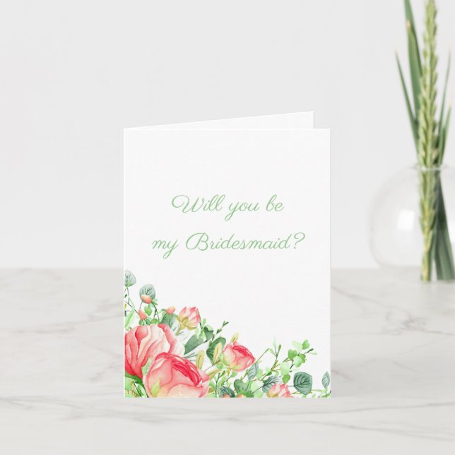 Pink Garden Watercolor Rose Bouquet Bridesmaid Card (Front)