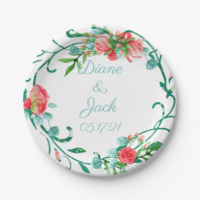 Pink Garden Watercolor Rose Bouquet Paper Plates (Front)