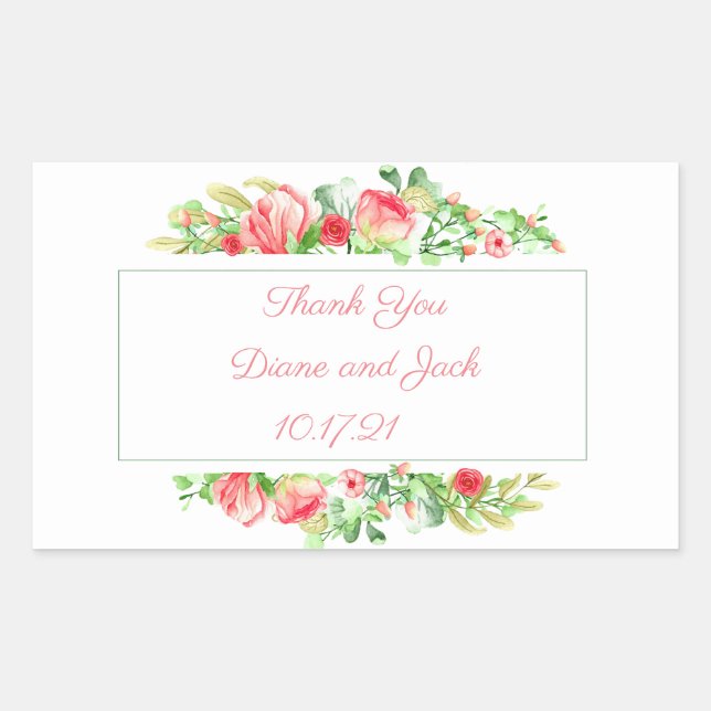 Pink Garden Watercolor Rose Bouquet Rectangular Sticker (Front)