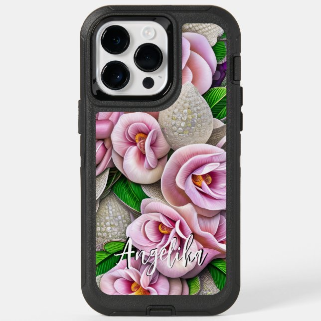 Pink Gardenias with Silver Glitters Custom Name Otterbox iPhone Case (Back)