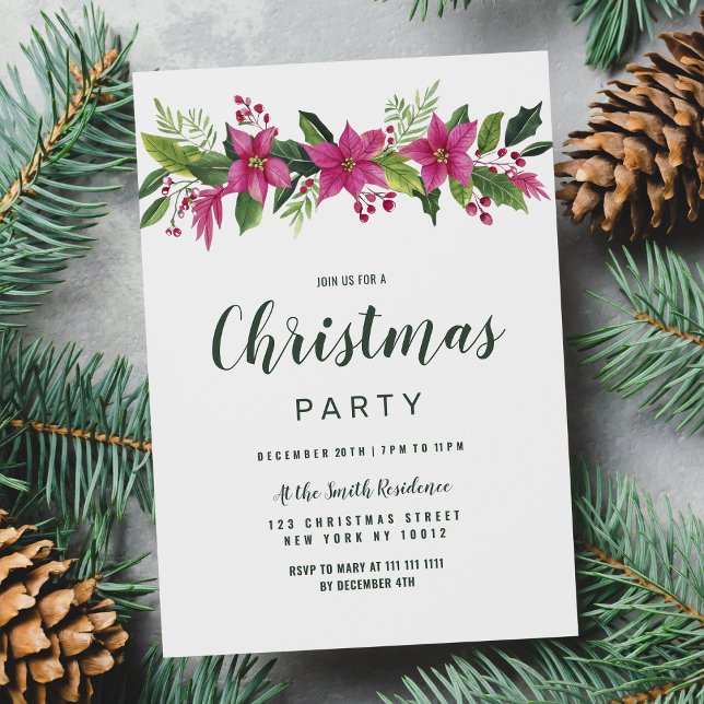 Pink garland christmas flowers Christmas Party Invitation (Pink garland Christmas flowers Christmas Party)