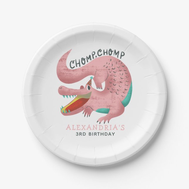 Pink Gator Girls Birthday Party Paper Plates (Front)