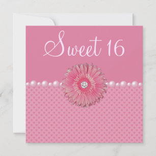 Pink Gebera, Pearls & Hearts Sweet 16 Party Invitation