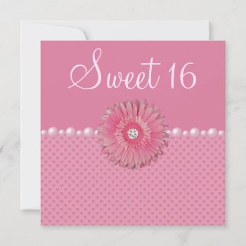 Pink Gebera  Pearls & Hearts Sweet 16 Party Invitation by AJ_Graphics at Zazzle