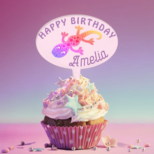 Pink Gecko Lizard Custom Name Girl Birthday  Cake Topper