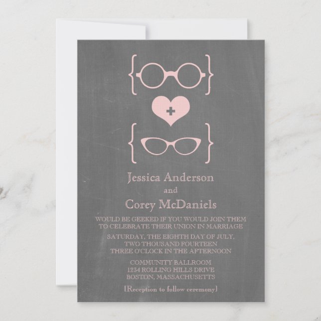 Pink Geeky Glasses Chalkboard Wedding Invite (Front)
