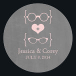 Pink Geeky Glasses Chalkboard Wedding Stickers<br><div class="desc">Quirky and chic Geeky Glasses Chalkboard Wedding Stickers in light pink featuring a cute heart flanked by two pairs of nerdy eyeglasses, a manly pair and a girly pair representing the groom and bride on a chalkboard look background. These offbeat wedding stickers are perfect for your geek wedding! Easy to...</div>