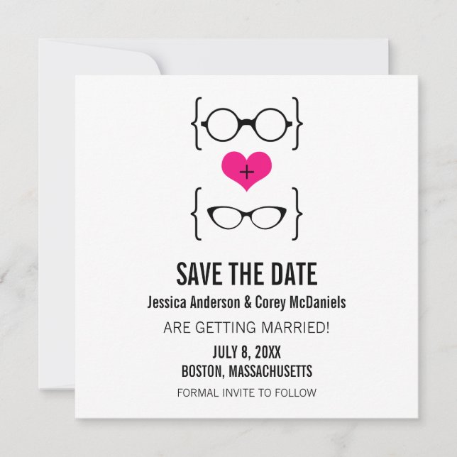 Pink Geeky Glasses Save the Date Announcement (Front)