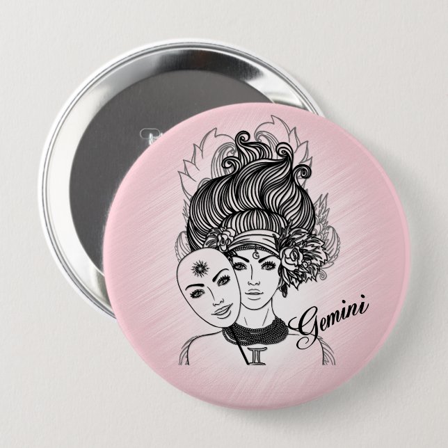 Pink Gemini Masked Lady Zodiac Personal Button (Front & Back)
