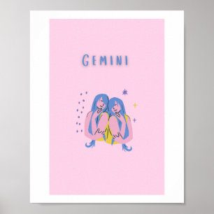 Pink Gemini, zodiac, star sign print