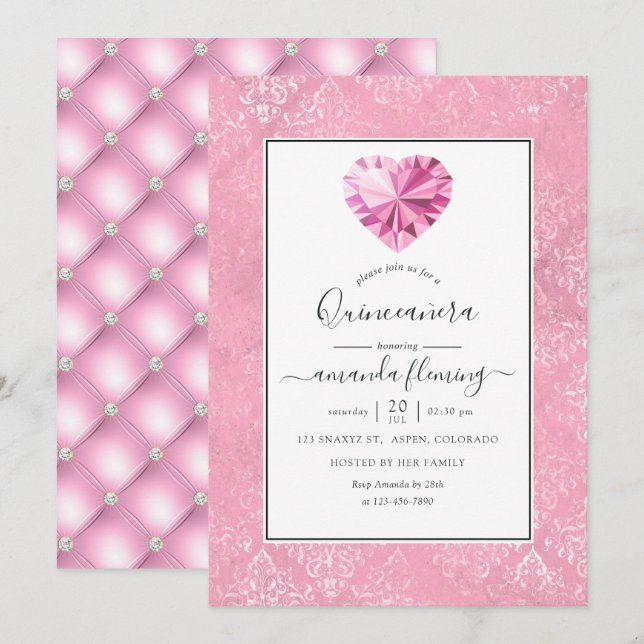 Pink Gemstone Quinceañera Invitation (Front/Back)