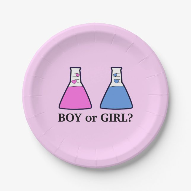 Pink Gender Reveal Science Beaker with Hearts Baby Paper Plates (Front)
