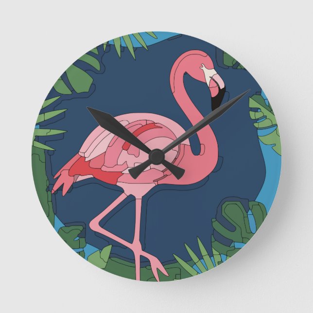 Pink Geo Flamingo with Name Round Clock (Front)