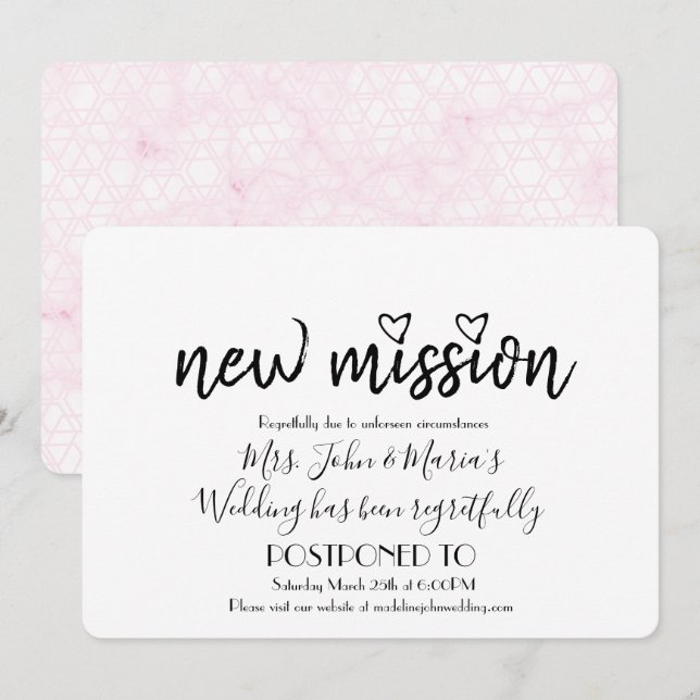 Pink Geo Marble New Mission Wedding Date Change Invitation (Front/Back)
