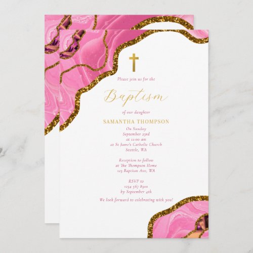 Pink Geode Agate Gold Cross Baptism Christening  Invitation