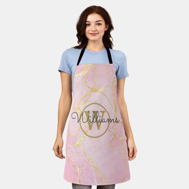 Pink Geode Agate Gold Monogram Script Name Apron (Worn)
