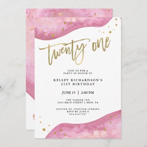 Pink Geode and Faux Gold Look  21st Birthday Invitation