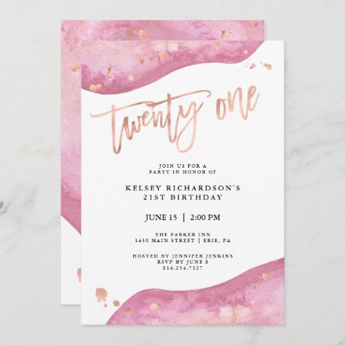 Pink Geode and Faux Rose Gold Look  21st Birthday Invitation