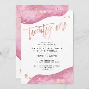 Pink Geode and Faux Rose Gold Look 21st Birthday Invitation